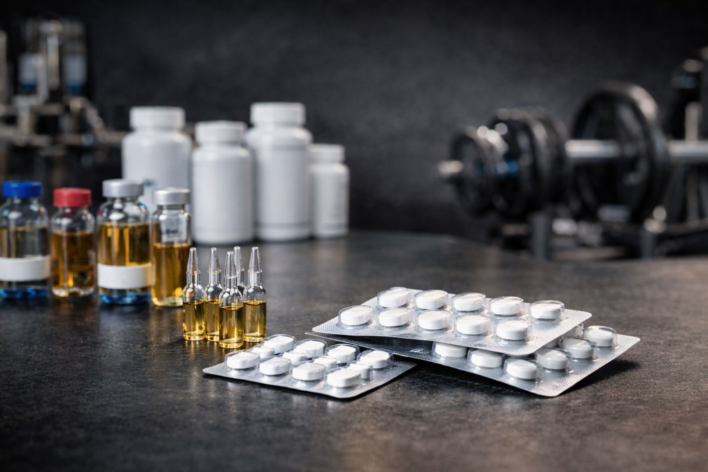 Pharmaceutical-grade performance supplements displayed on a dark surface with injectable vials and tablets, representing Buy Anavar 50 Pharmaqo Online for fitness and body recomposition